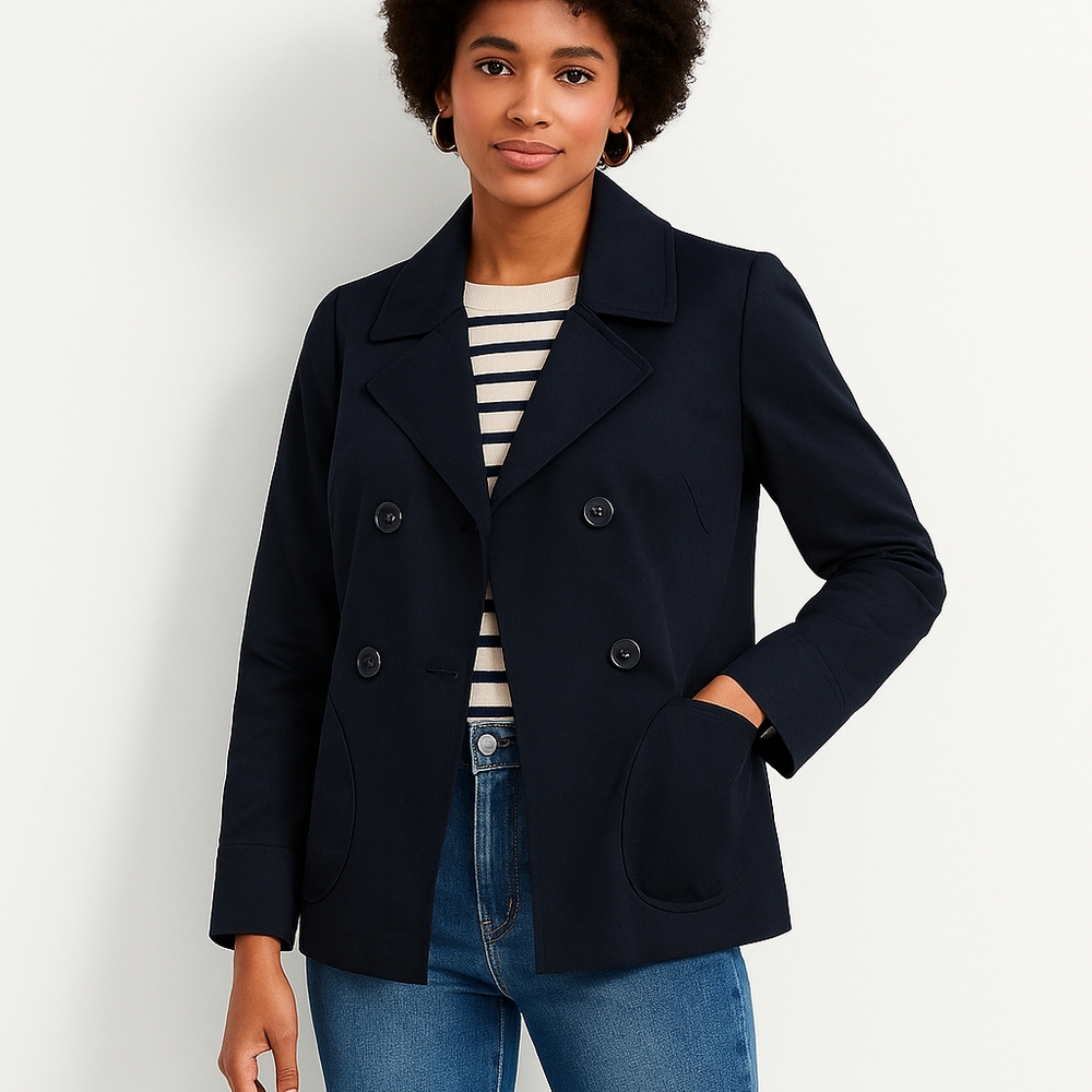 Talbots Petite Large Navy Blue Cotton Blend Double Breasted Spring coat Jacket